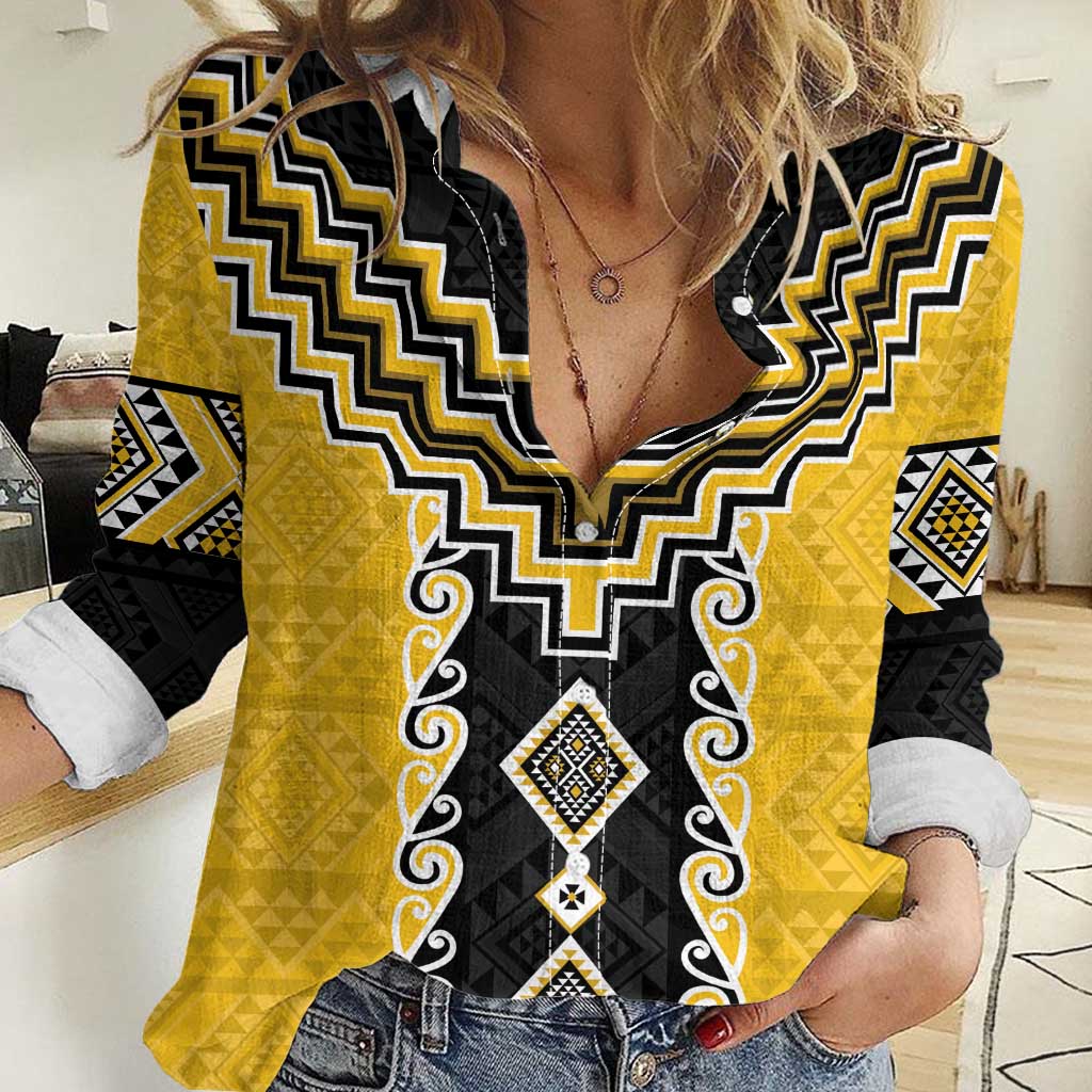 Yellow Niho Taniwha Mix Poutama Women Casual Shirt Unique Taniko Aotearoa LT01 Female Yellow - Polynesian Pride