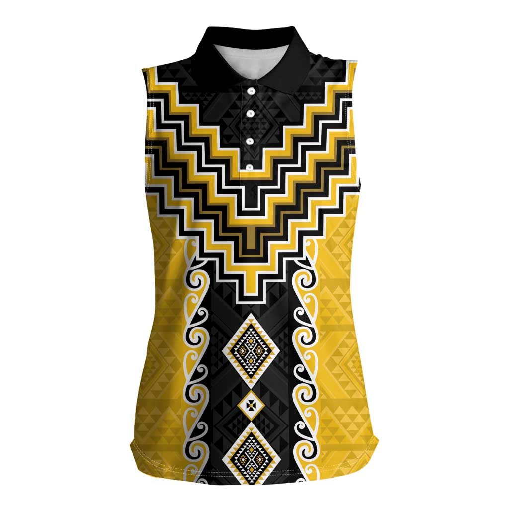 Yellow Niho Taniwha Mix Poutama Women Sleeveless Polo Shirt Unique Taniko Aotearoa LT01 Female Yellow - Polynesian Pride