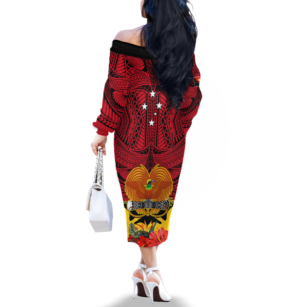 Papua New Guinea Off The Shoulder Long Sleeve Dress Bird Of Paradise Mix Polynesian Pattern LT01 - Polynesian Pride