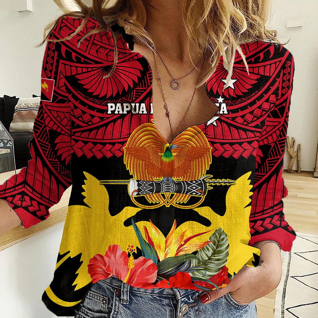Papua New Guinea Women Casual Shirt Bird Of Paradise Mix Polynesian Pattern LT01 Female Red - Polynesian Pride