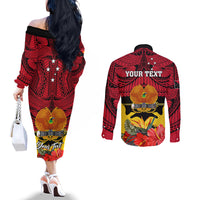 Personalised Papua New Guinea Couples Matching Off The Shoulder Long Sleeve Dress and Long Sleeve Button Shirts Bird Of Paradise Mix Polynesian Pattern LT01 - Polynesian Pride
