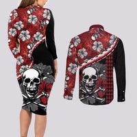 Hawaii Halloween Couples Matching Long Sleeve Bodycon Dress and Long Sleeve Button Shirts Hibiscus Skull Kakau Pattern LT01 - Polynesian Pride