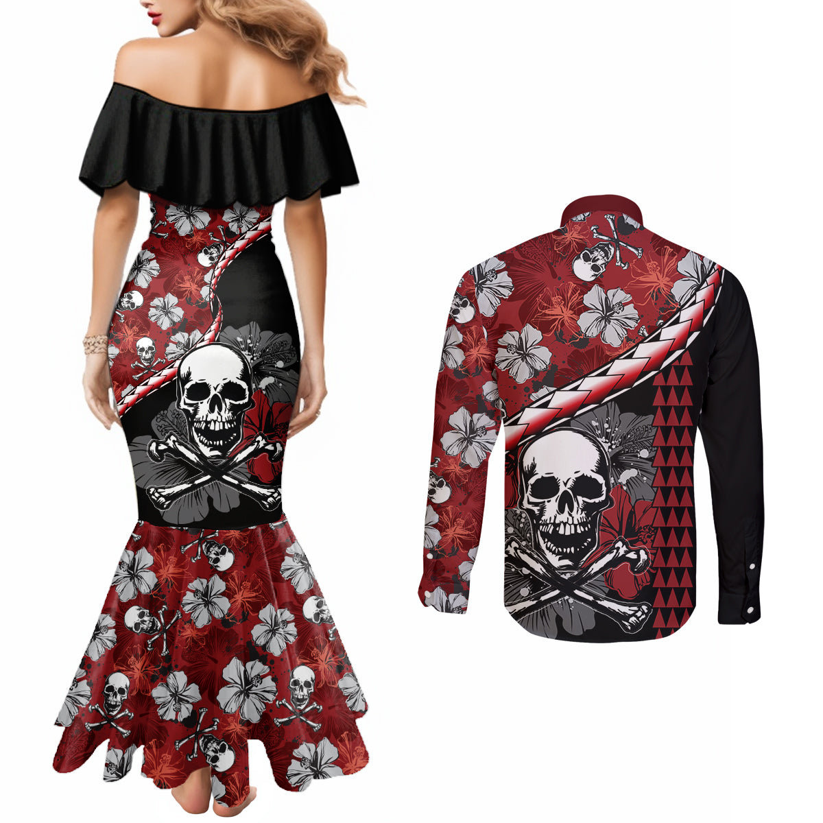 Hawaii Halloween Couples Matching Mermaid Dress and Long Sleeve Button Shirts Hibiscus Skull Kakau Pattern LT01 - Polynesian Pride
