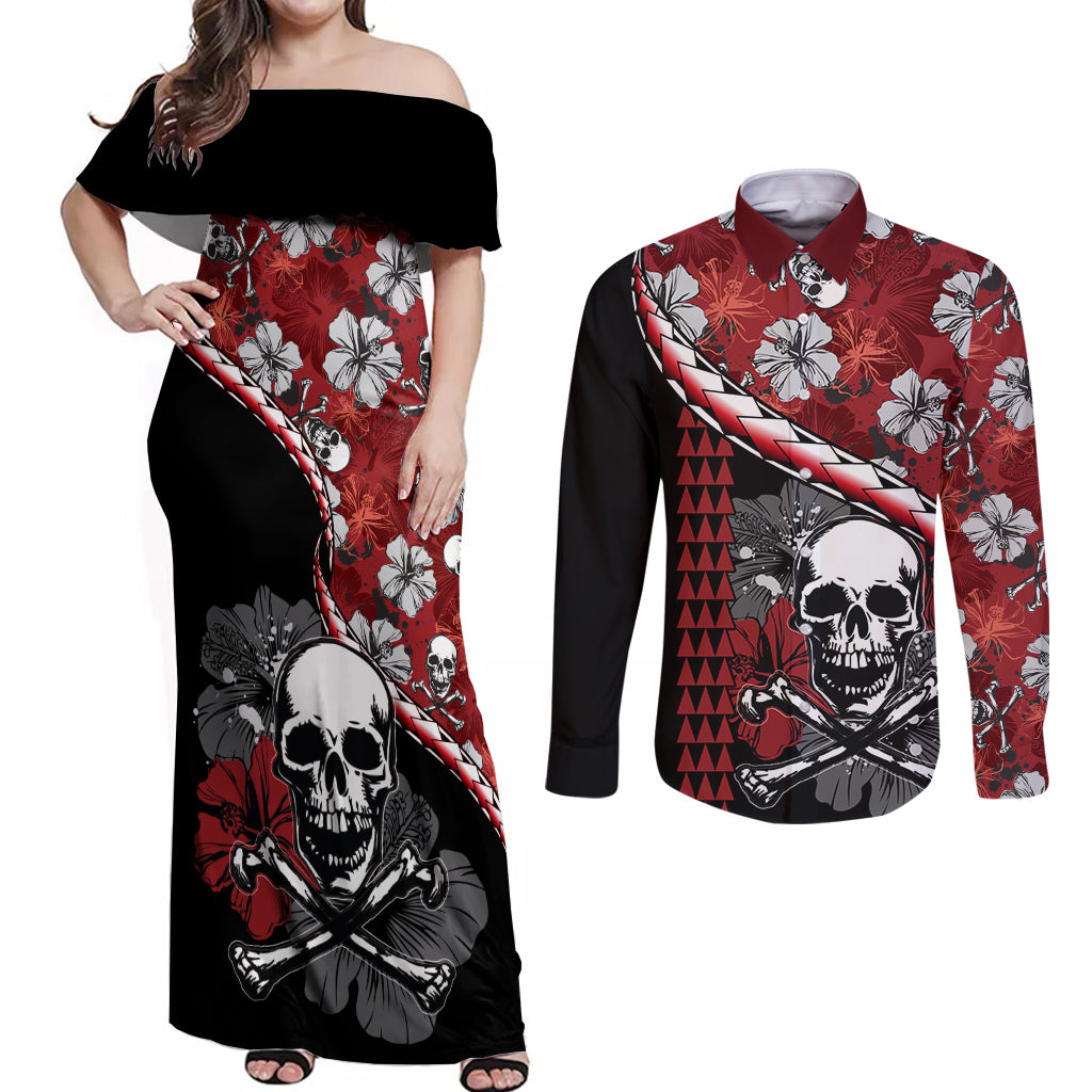 Hawaii Halloween Couples Matching Off Shoulder Maxi Dress and Long Sleeve Button Shirts Hibiscus Skull Kakau Pattern LT01 Red - Polynesian Pride