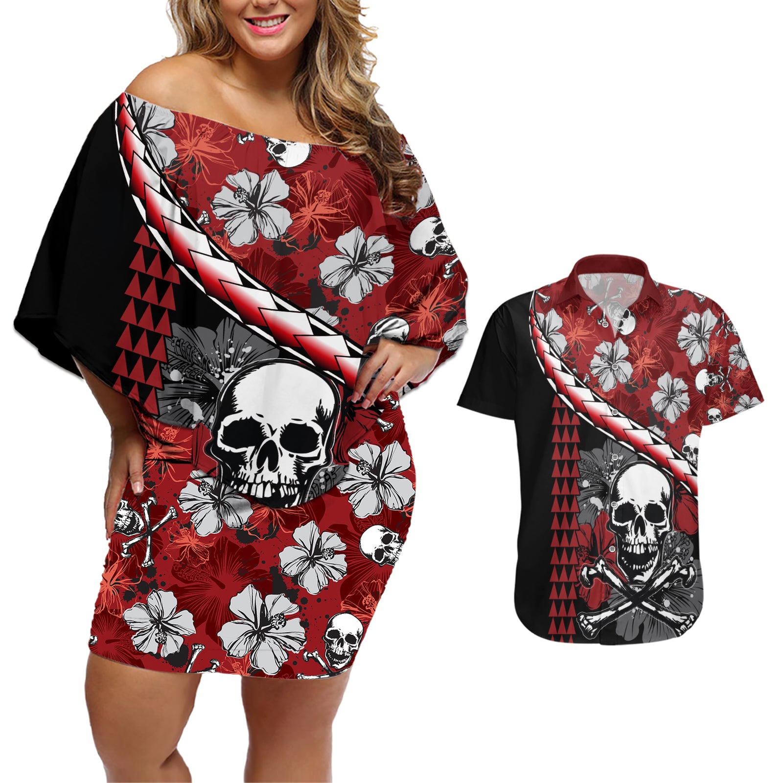Hawaii Halloween Couples Matching Off Shoulder Short Dress and Hawaiian Shirt Hibiscus Skull Kakau Pattern LT01 Red - Polynesian Pride