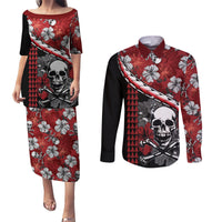 Hawaii Halloween Couples Matching Puletasi Dress and Long Sleeve Button Shirts Hibiscus Skull Kakau Pattern LT01 Red - Polynesian Pride