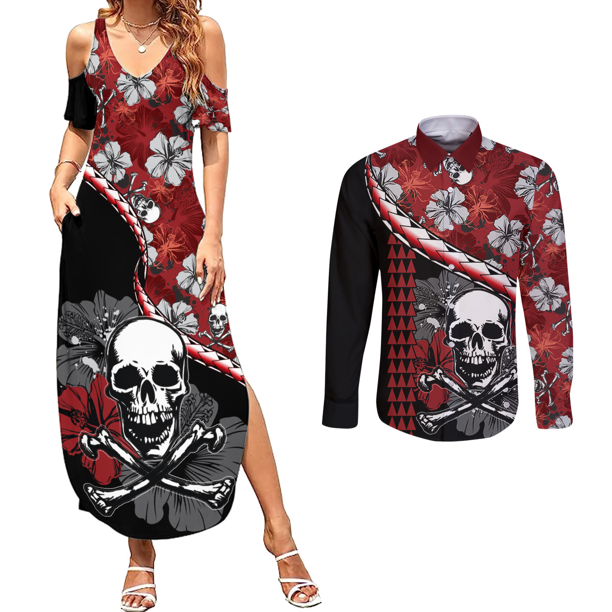 Hawaii Halloween Couples Matching Summer Maxi Dress and Long Sleeve Button Shirts Hibiscus Skull Kakau Pattern LT01 Red - Polynesian Pride