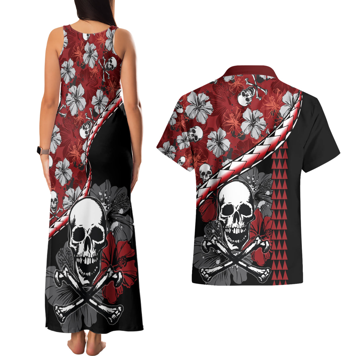Hawaii Halloween Couples Matching Tank Maxi Dress and Hawaiian Shirt Hibiscus Skull Kakau Pattern LT01 - Polynesian Pride