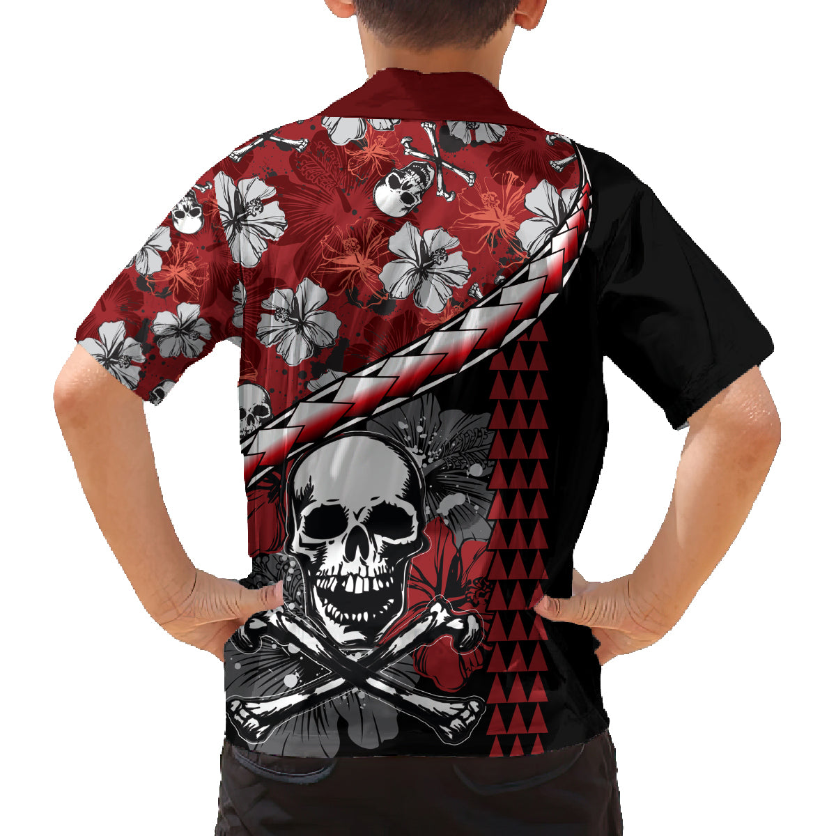 Hawaii Halloween Family Matching Long Sleeve Bodycon Dress and Hawaiian Shirt Hibiscus Skull Kakau Pattern LT01 - Polynesian Pride