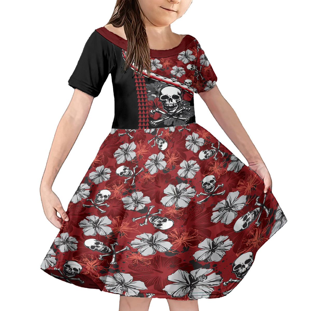 Hawaii Halloween Family Matching Off Shoulder Long Sleeve Dress and Hawaiian Shirt Hibiscus Skull Kakau Pattern LT01 Daughter's Dress Red - Polynesian Pride
