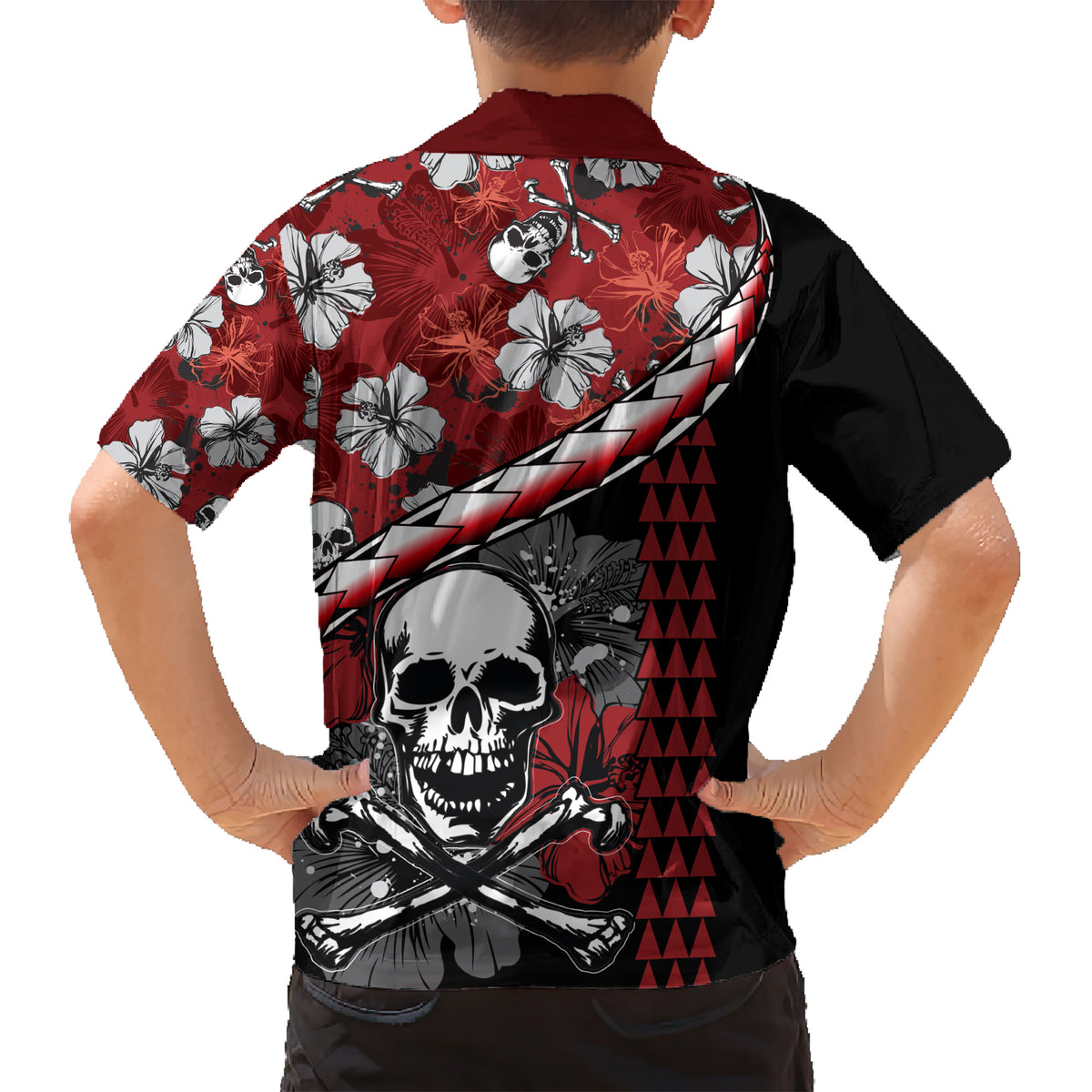 Hawaii Halloween Family Matching Short Sleeve Bodycon Dress and Hawaiian Shirt Hibiscus Skull Kakau Pattern LT01 - Polynesian Pride