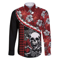 Hawaii Halloween Family Matching Short Sleeve Bodycon Dress and Hawaiian Shirt Hibiscus Skull Kakau Pattern LT01 Dad's Shirt - Long Sleeve Red - Polynesian Pride
