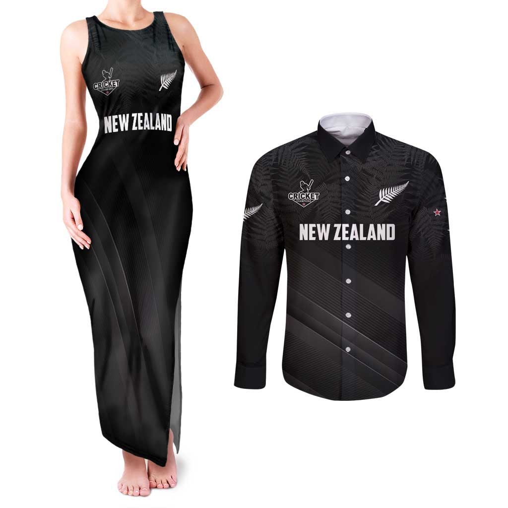 Custom New Zealand Cricket Couples Matching Tank Maxi Dress and Long Sleeve Button Shirt Aotearoa Black Cap Come On