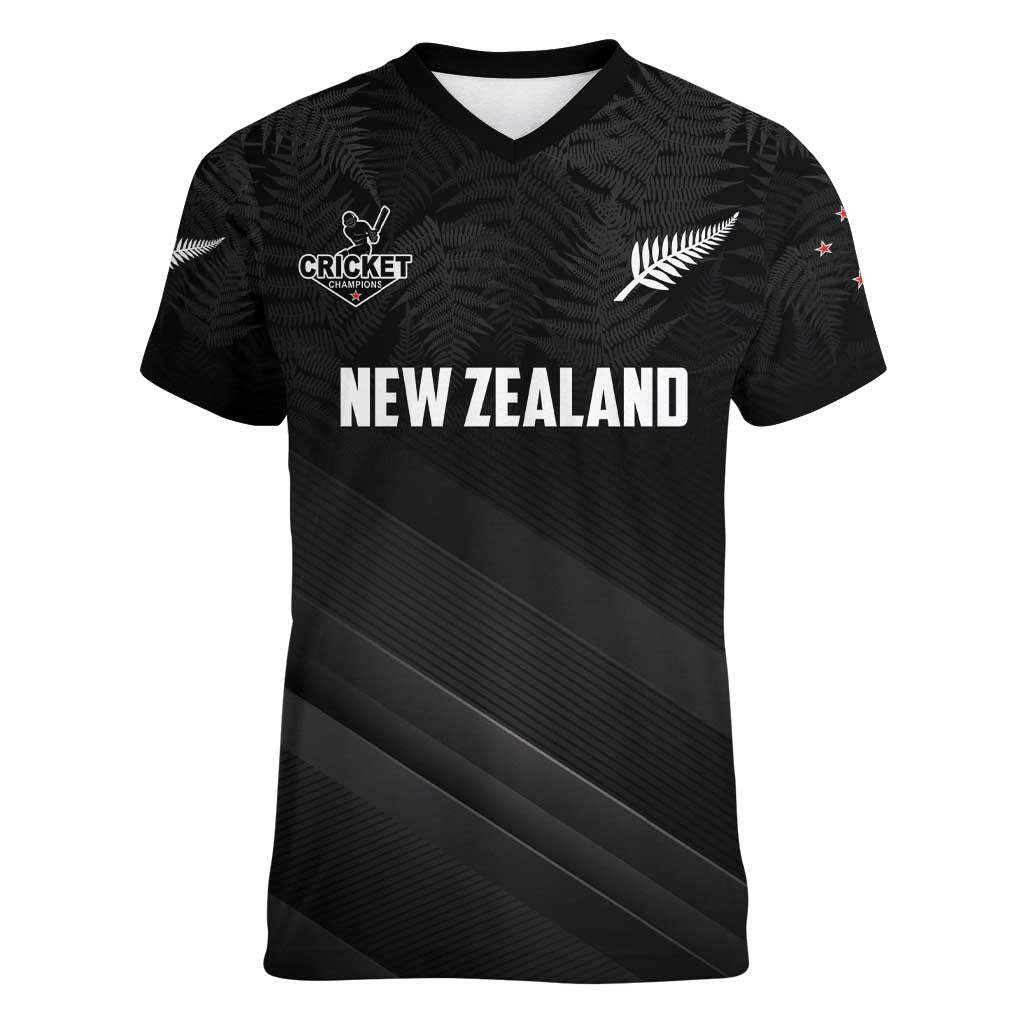 Custom New Zealand Cricket Women V-Neck T-Shirt Aotearoa Black Cap Come On LT01 Female Black - Polynesian Pride