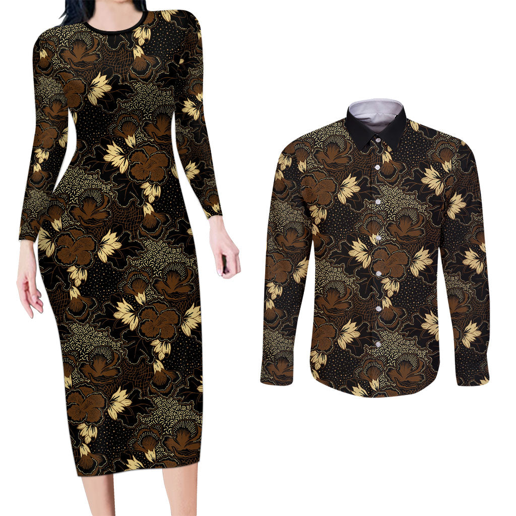 Javanese Batik Semen Couples Matching Long Sleeve Bodycon Dress and Long Sleeve Button Shirt Indonesian Traditional Pattern