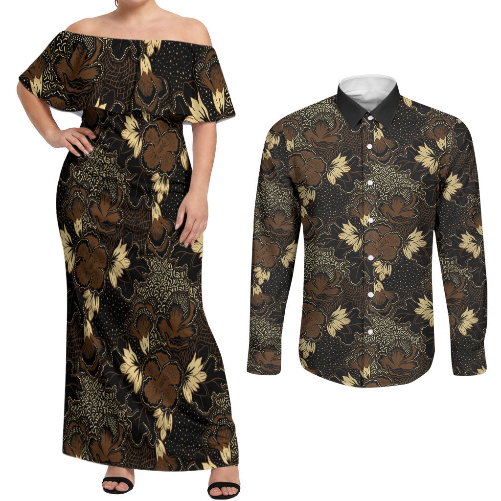 Javanese Batik Semen Couples Matching Off Shoulder Maxi Dress and Long Sleeve Button Shirt Indonesian Traditional Pattern LT01 Black - Polynesian Pride