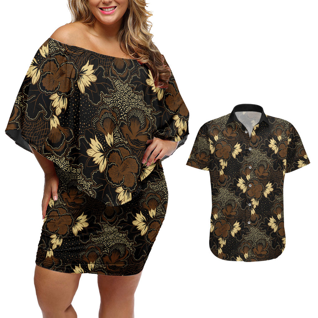 Javanese Batik Semen Couples Matching Off Shoulder Short Dress and Hawaiian Shirt Indonesian Traditional Pattern