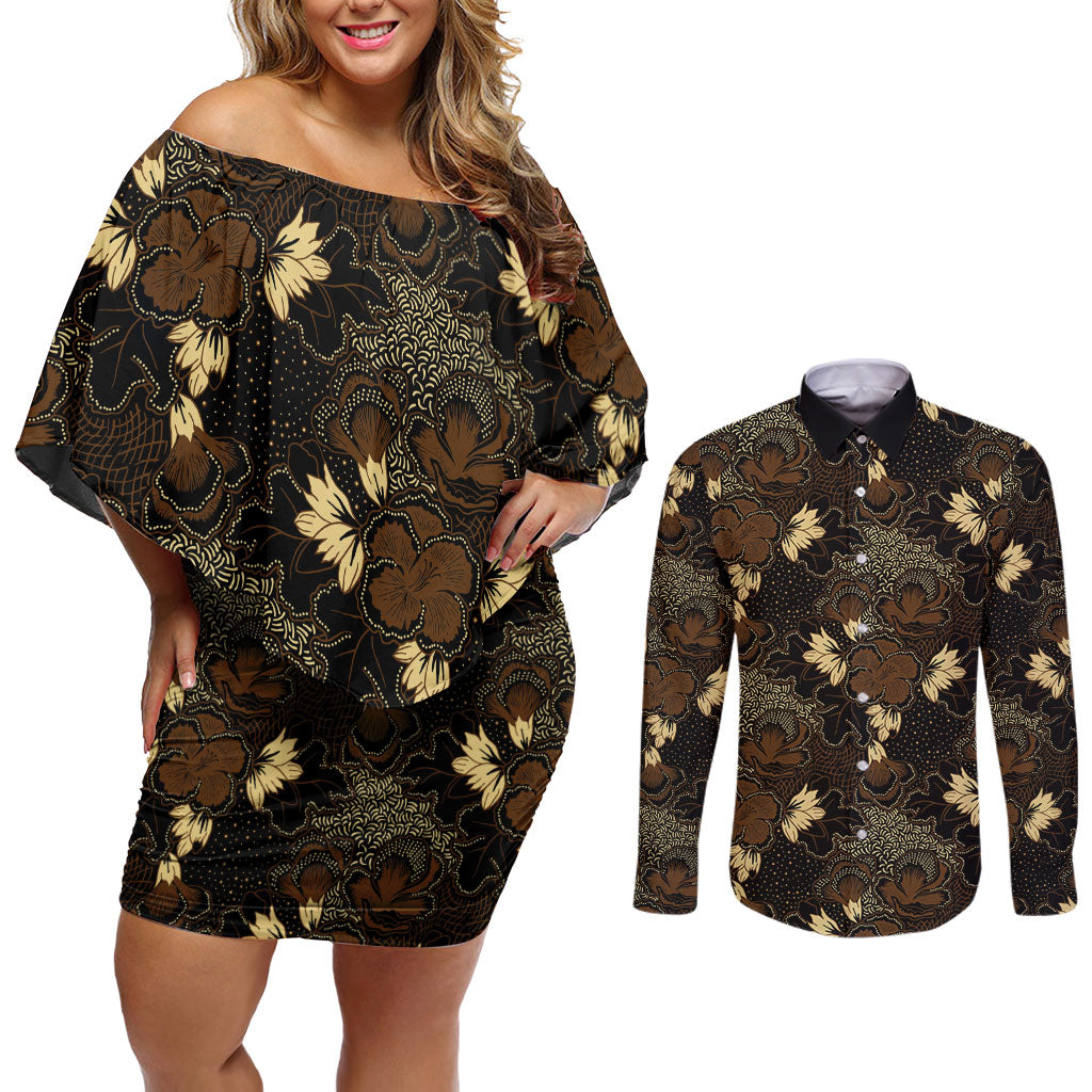 Javanese Batik Semen Couples Matching Off Shoulder Short Dress and Long Sleeve Button Shirt Indonesian Traditional Pattern