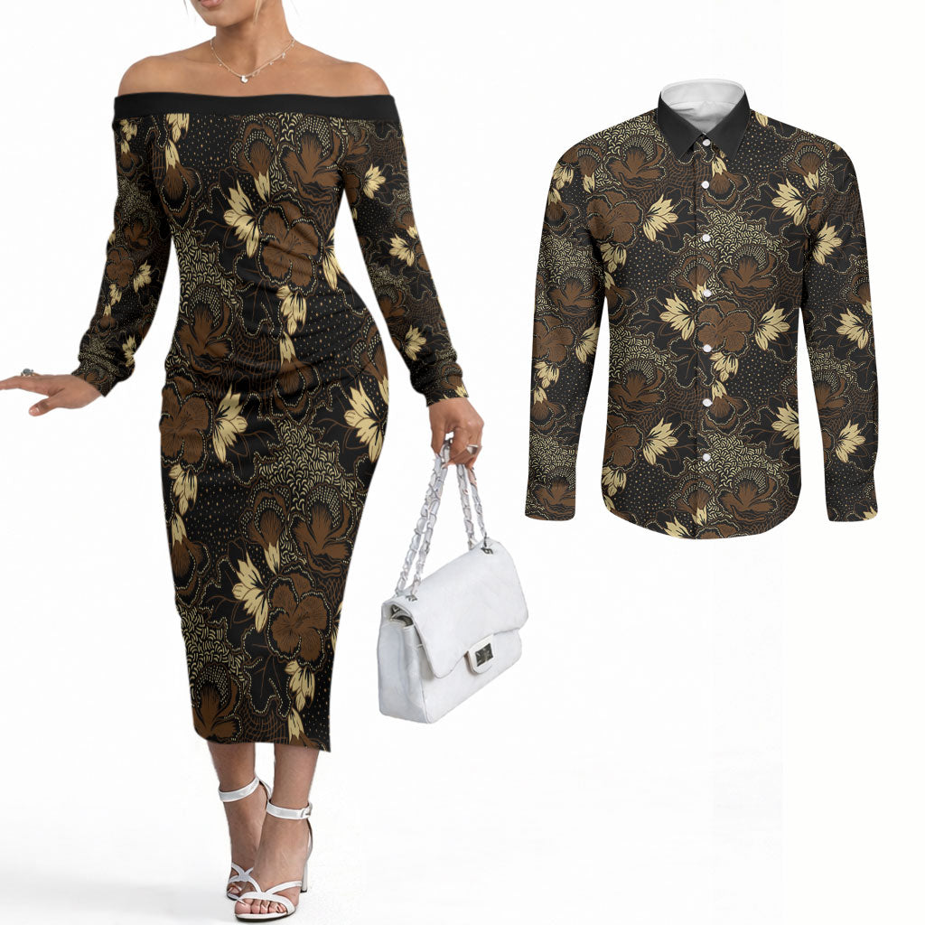 Javanese Batik Semen Couples Matching Off The Shoulder Long Sleeve Dress and Long Sleeve Button Shirt Indonesian Traditional Pattern LT01 Black - Polynesian Pride