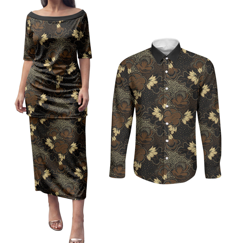 Javanese Batik Semen Couples Matching Puletasi and Long Sleeve Button Shirt Indonesian Traditional Pattern LT01 Black - Polynesian Pride