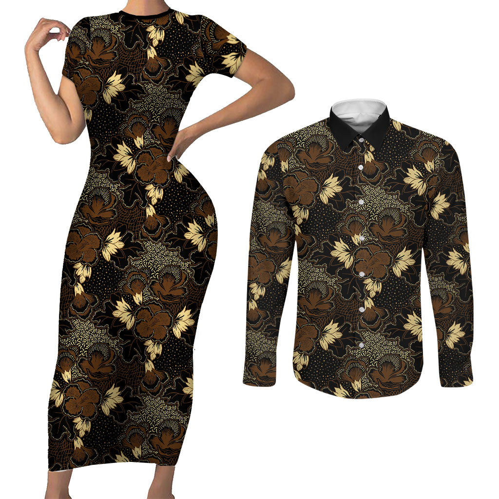 Javanese Batik Semen Couples Matching Short Sleeve Bodycon Dress and Long Sleeve Button Shirt Indonesian Traditional Pattern