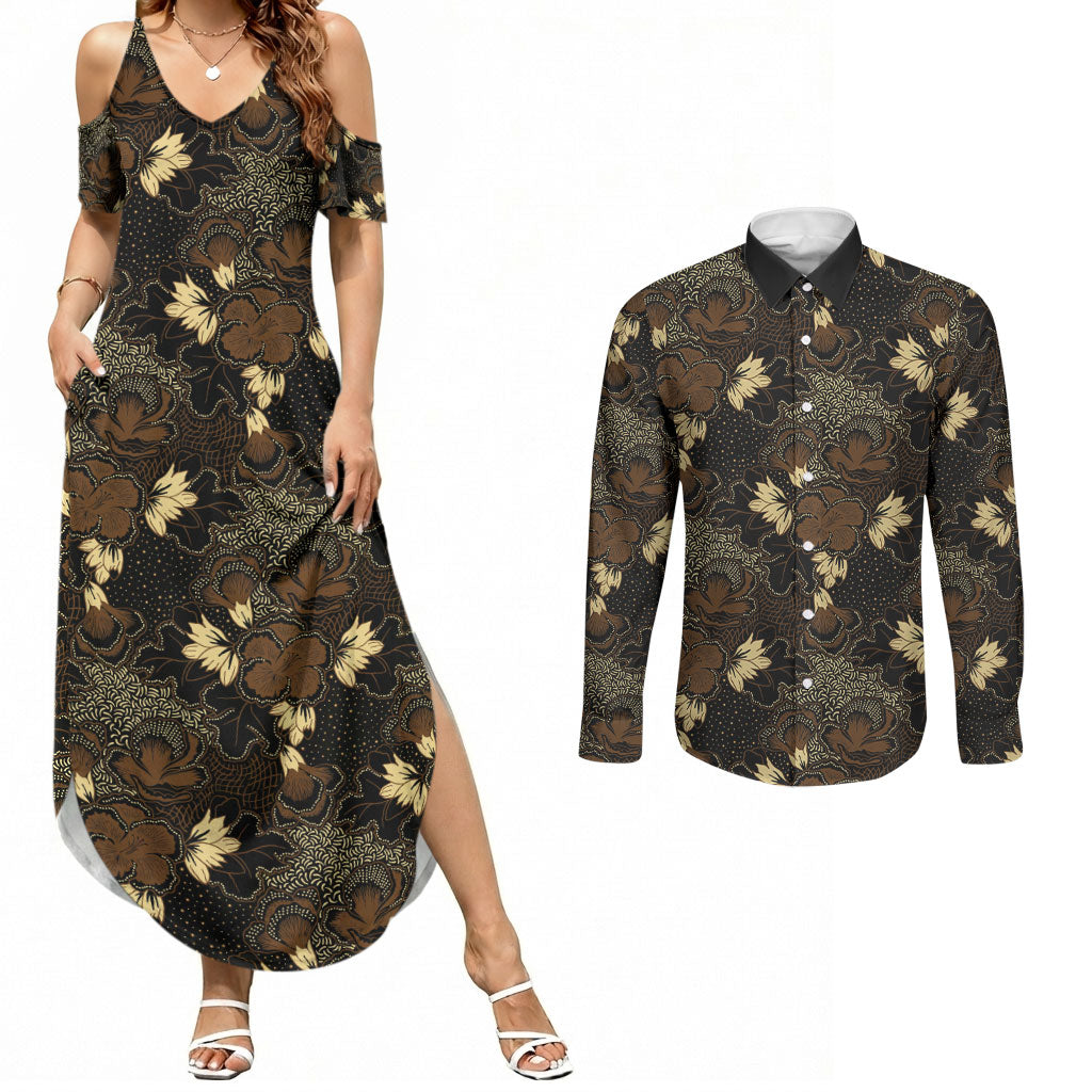 Javanese Batik Semen Couples Matching Summer Maxi Dress and Long Sleeve Button Shirt Indonesian Traditional Pattern LT01 Black - Polynesian Pride