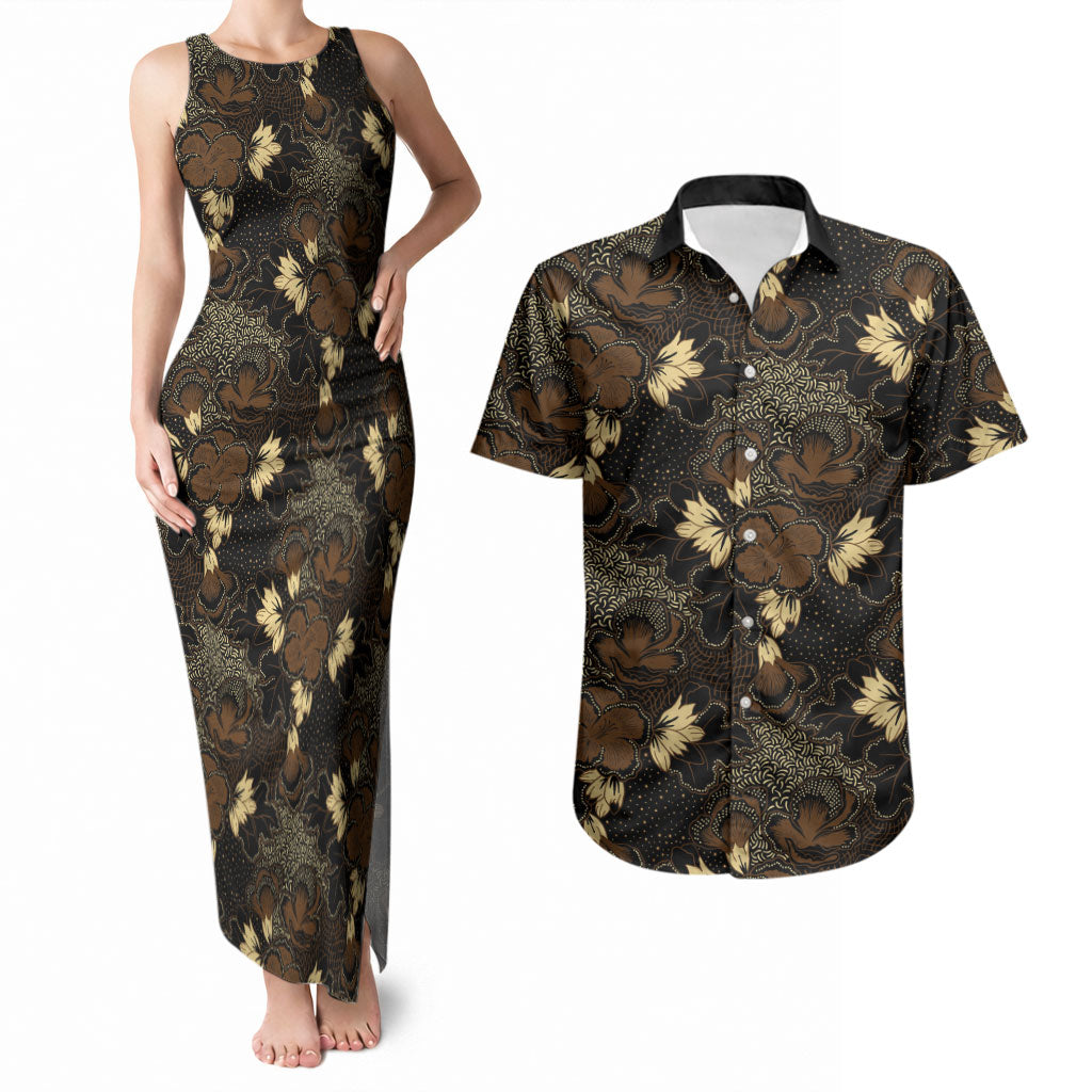 Javanese Batik Semen Couples Matching Tank Maxi Dress and Hawaiian Shirt Indonesian Traditional Pattern LT01 Black - Polynesian Pride