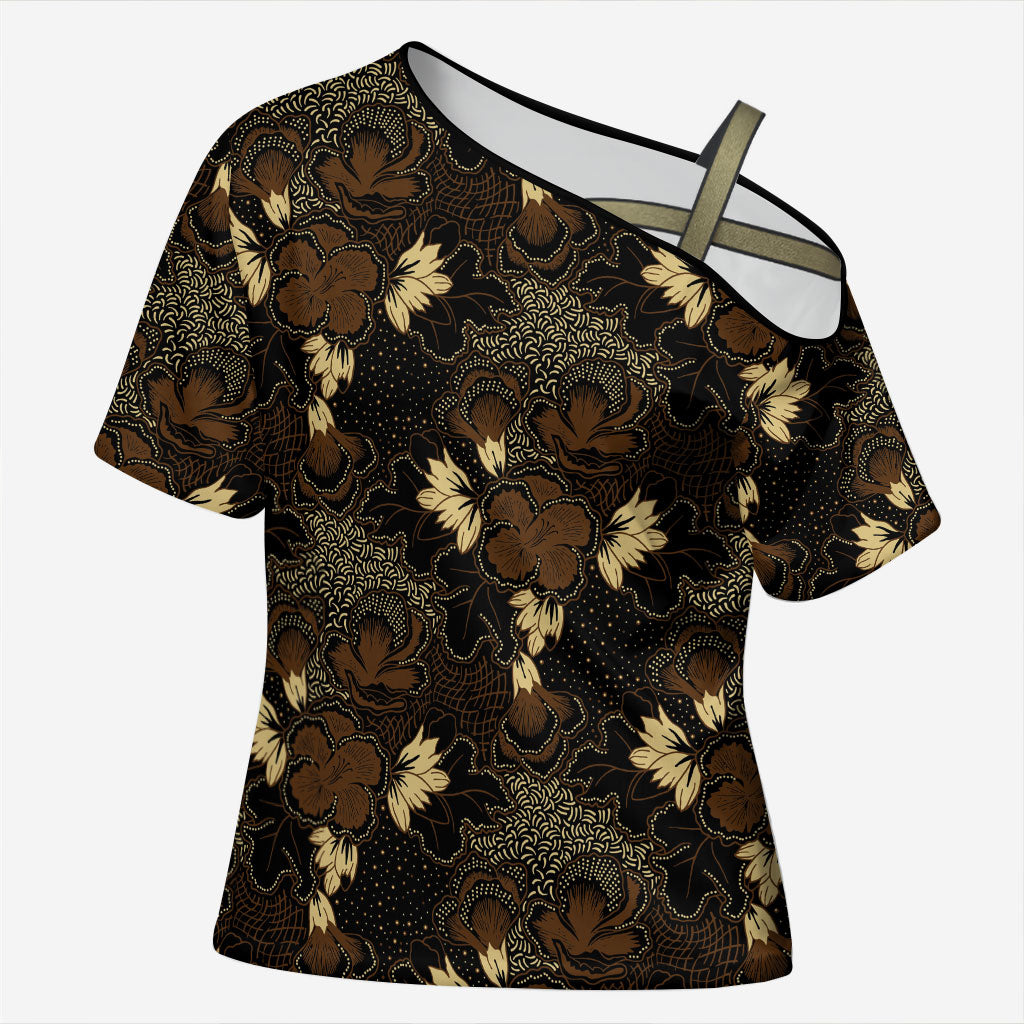 Javanese Batik Semen Cross Shoulder Shirt Indonesian Traditional Pattern LT01 Female Black - Polynesian Pride