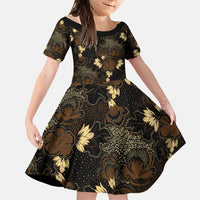 Javanese Batik Semen Family Matching Off The Shoulder Long Sleeve Dress and Hawaiian Shirt Indonesian Traditional Pattern LT01 Daughter's Dress Black - Polynesian Pride