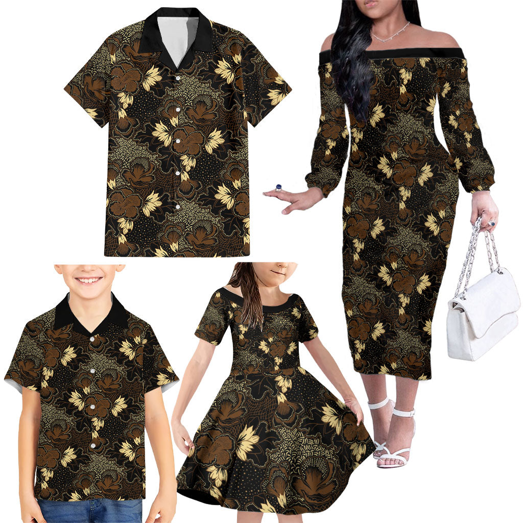 Javanese Batik Semen Family Matching Off The Shoulder Long Sleeve Dress and Hawaiian Shirt Indonesian Traditional Pattern LT01 - Polynesian Pride