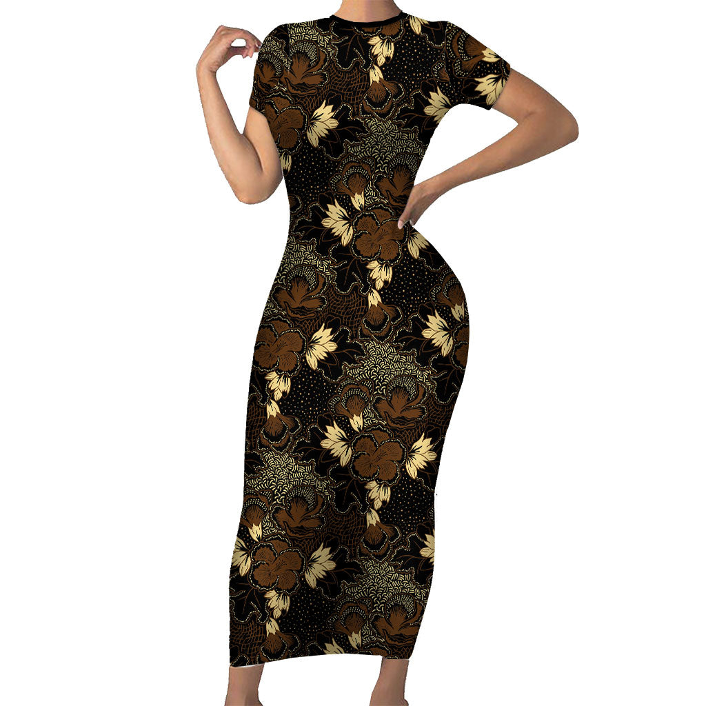 Javanese Batik Semen Family Matching Short Sleeve Bodycon Dress and Hawaiian Shirt Indonesian Traditional Pattern LT01 Mom's Dress Black - Polynesian Pride