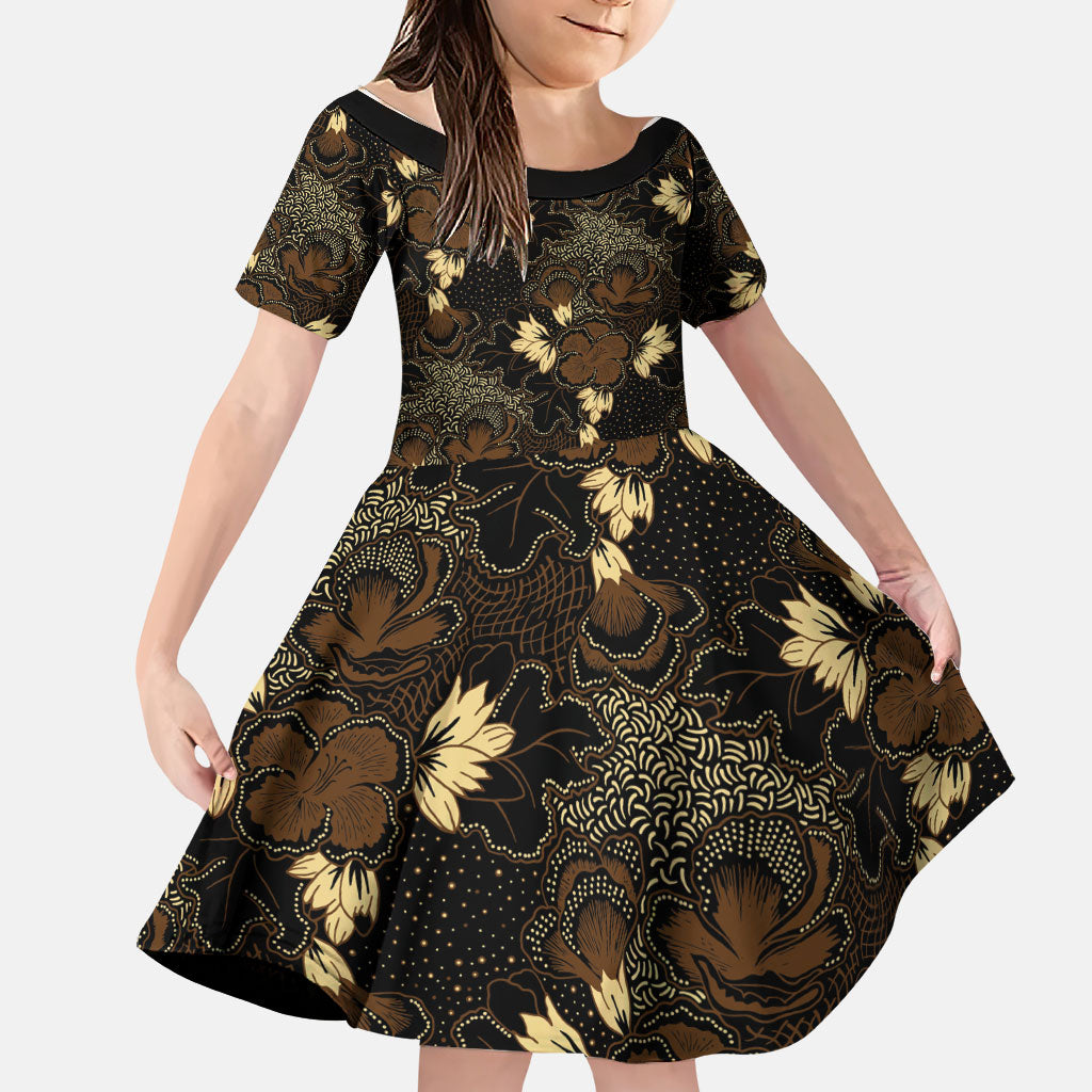 Javanese Batik Semen Family Matching Tank Maxi Dress and Hawaiian Shirt Indonesian Traditional Pattern LT01 Daughter's Dress Black - Polynesian Pride