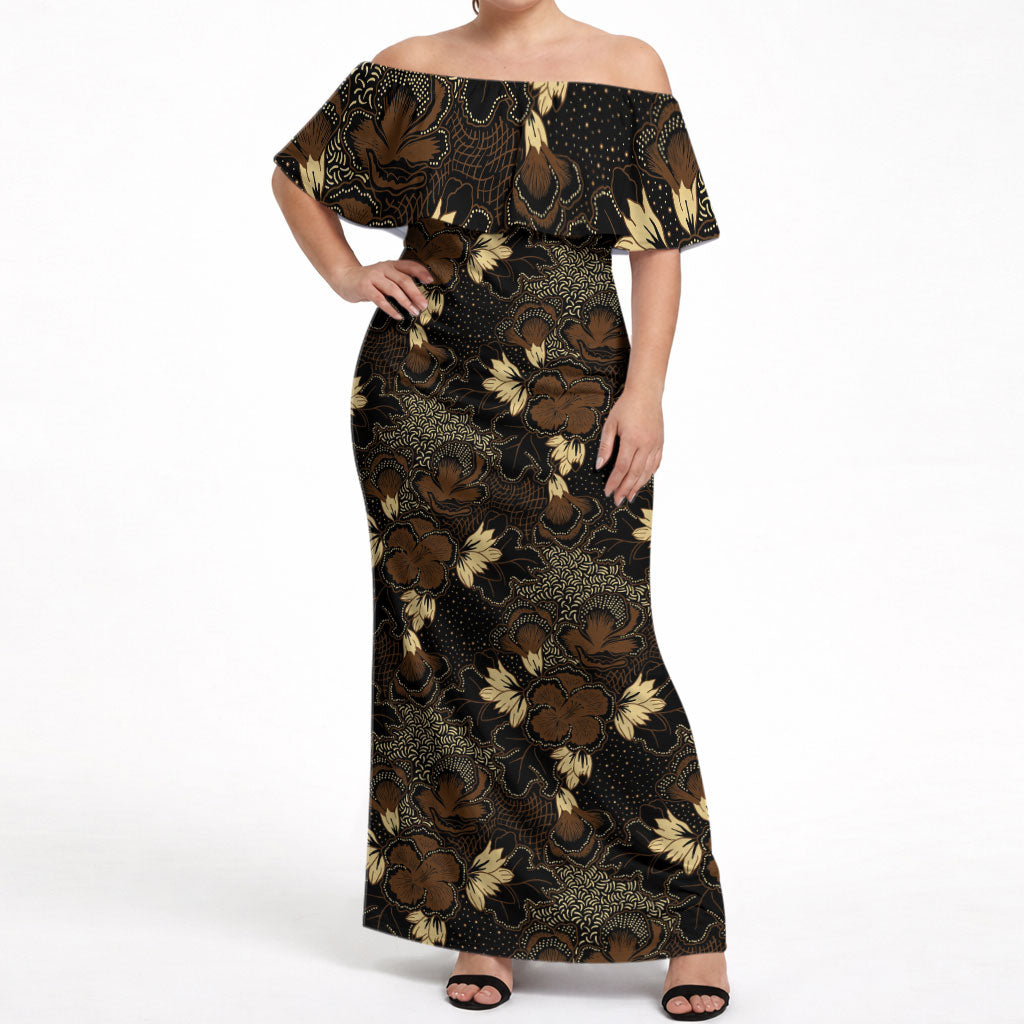 Javanese Batik Semen Off Shoulder Maxi Dress Indonesian Traditional Pattern LT01 Women Black - Polynesian Pride