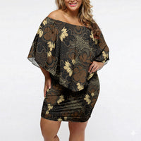 Javanese Batik Semen Off Shoulder Short Dress Indonesian Traditional Pattern LT01 Women Black - Polynesian Pride