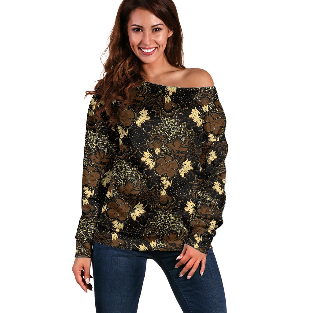 Javanese Batik Semen Off Shoulder Sweater Indonesian Traditional Pattern LT01 Women Black - Polynesian Pride
