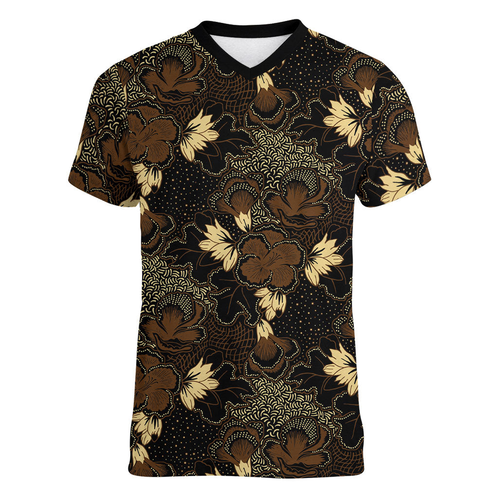 Javanese Batik Semen Women V-Neck T-Shirt Indonesian Traditional Pattern LT01 Female Black - Polynesian Pride