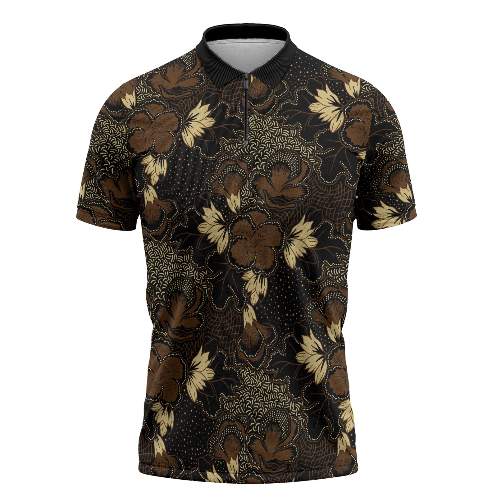 Javanese Batik Semen Zipper Polo Shirt Indonesian Traditional Pattern LT01 Black - Polynesian Pride