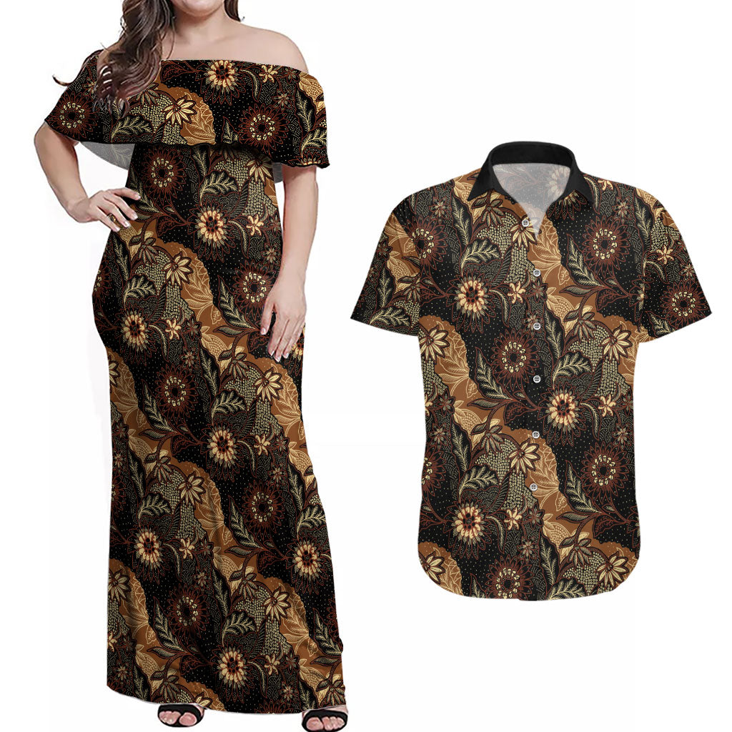 Batik Pedalaman Semen Lereng Style Couples Matching Off Shoulder Maxi Dress and Hawaiian Shirt Indonesian Traditional Pattern LT01 Black - Polynesian Pride