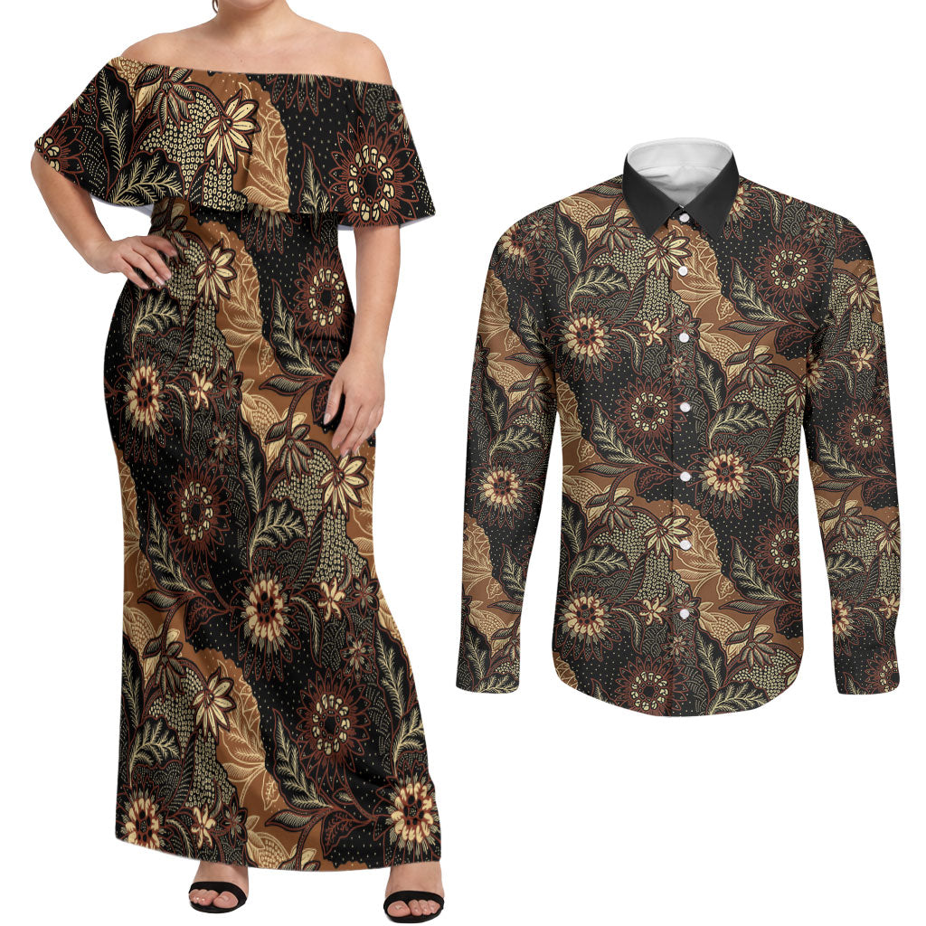 Batik Pedalaman Semen Lereng Style Couples Matching Off Shoulder Maxi Dress and Long Sleeve Button Shirt Indonesian Traditional Pattern LT01 Black - Polynesian Pride