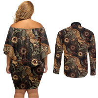 Batik Pedalaman Semen Lereng Style Couples Matching Off Shoulder Short Dress and Long Sleeve Button Shirt Indonesian Traditional Pattern LT01 - Polynesian Pride