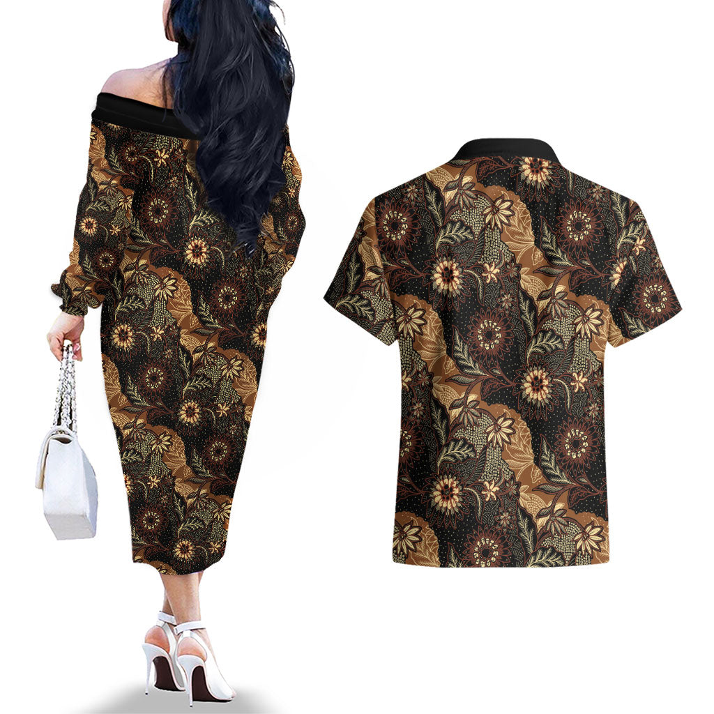 Batik Pedalaman Semen Lereng Style Couples Matching Off The Shoulder Long Sleeve Dress and Hawaiian Shirt Indonesian Traditional Pattern LT01 - Polynesian Pride