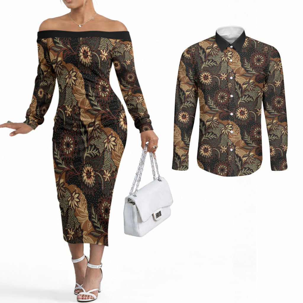 Batik Pedalaman Semen Lereng Style Couples Matching Off The Shoulder Long Sleeve Dress and Long Sleeve Button Shirt Indonesian Traditional Pattern LT01 Black - Polynesian Pride