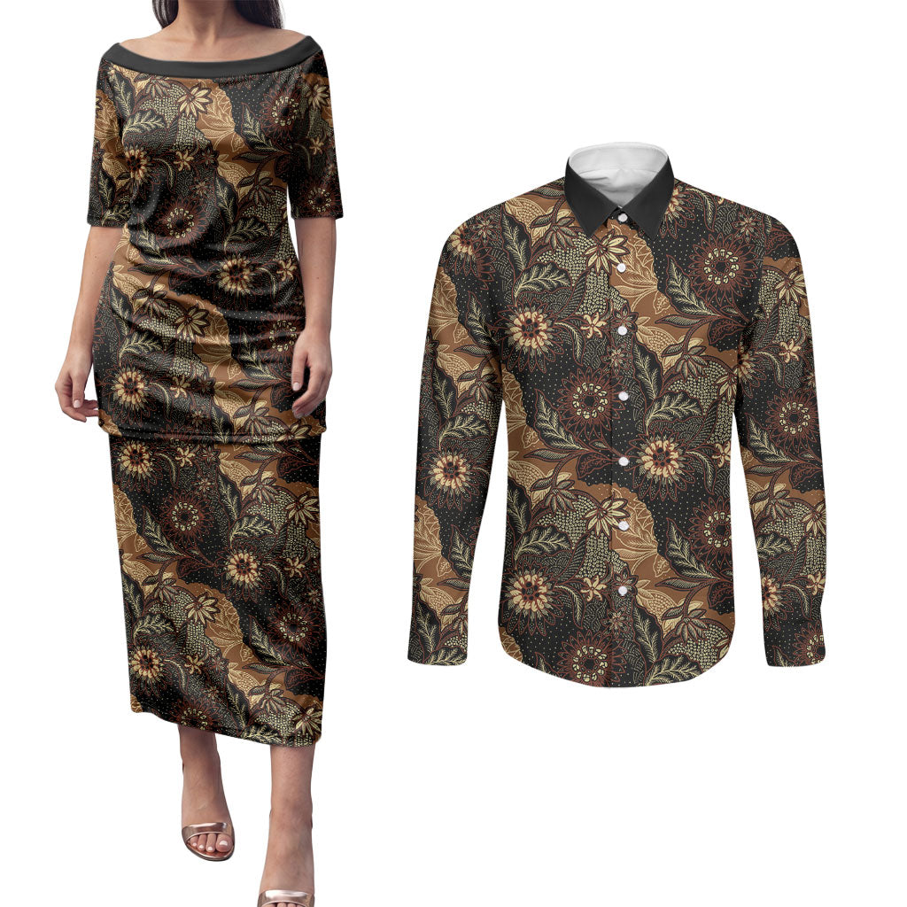 Batik Pedalaman Semen Lereng Style Couples Matching Puletasi and Long Sleeve Button Shirt Indonesian Traditional Pattern LT01 Black - Polynesian Pride