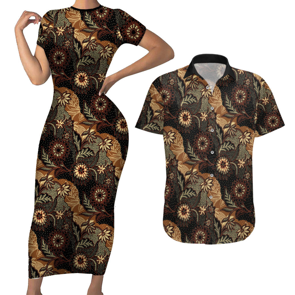 Batik Pedalaman Semen Lereng Style Couples Matching Short Sleeve Bodycon Dress and Hawaiian Shirt Indonesian Traditional Pattern LT01 Black - Polynesian Pride