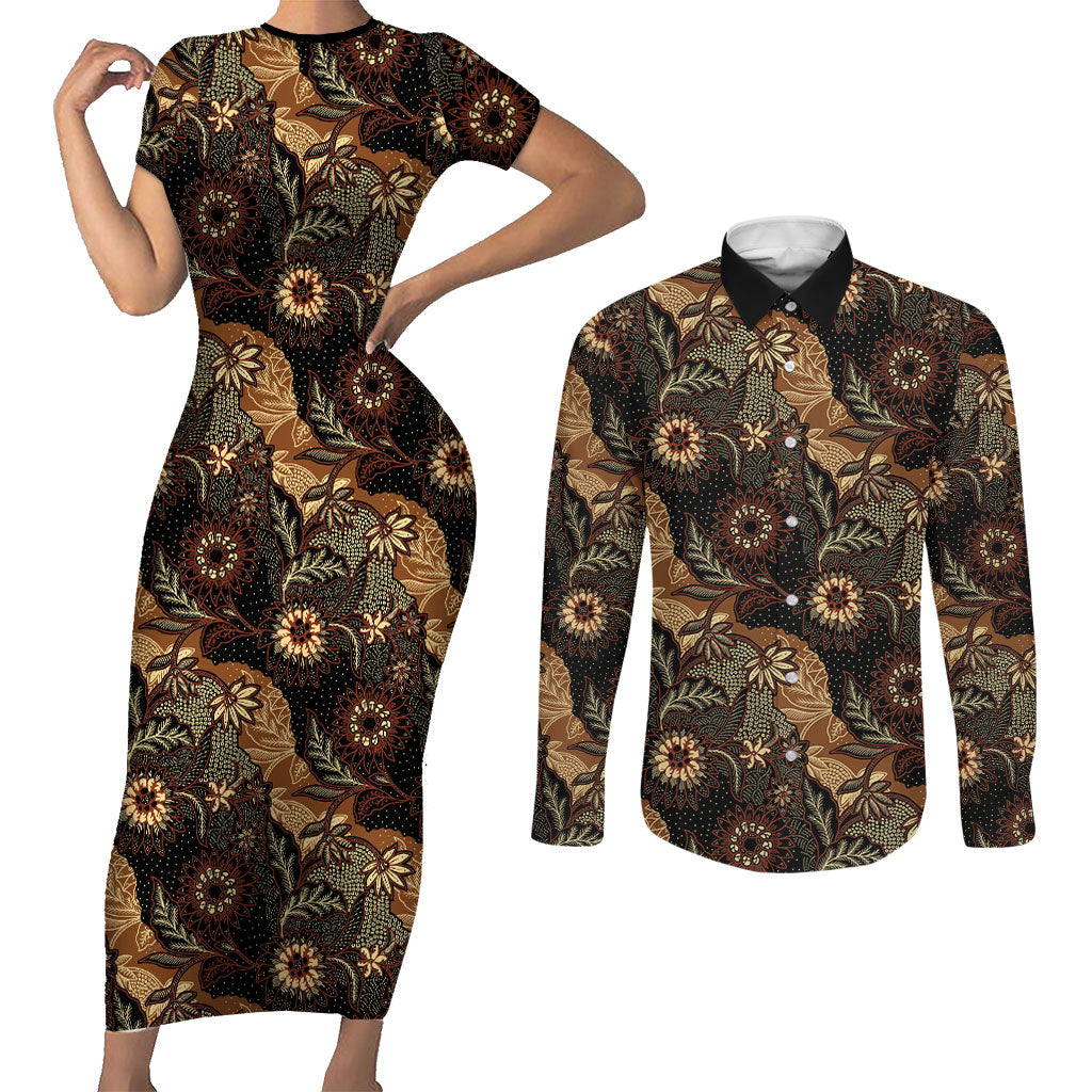 Batik Pedalaman Semen Lereng Style Couples Matching Short Sleeve Bodycon Dress and Long Sleeve Button Shirt Indonesian Traditional Pattern LT01 Black - Polynesian Pride