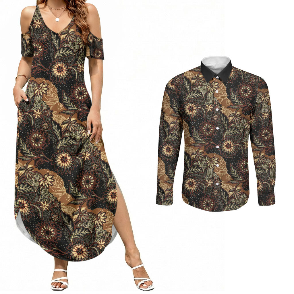 Batik Pedalaman Semen Lereng Style Couples Matching Summer Maxi Dress and Long Sleeve Button Shirt Indonesian Traditional Pattern LT01 Black - Polynesian Pride