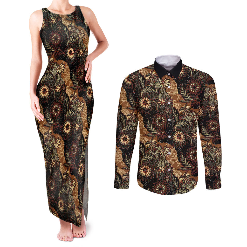 Batik Pedalaman Semen Lereng Style Couples Matching Tank Maxi Dress and Long Sleeve Button Shirt Indonesian Traditional Pattern LT01 Black - Polynesian Pride