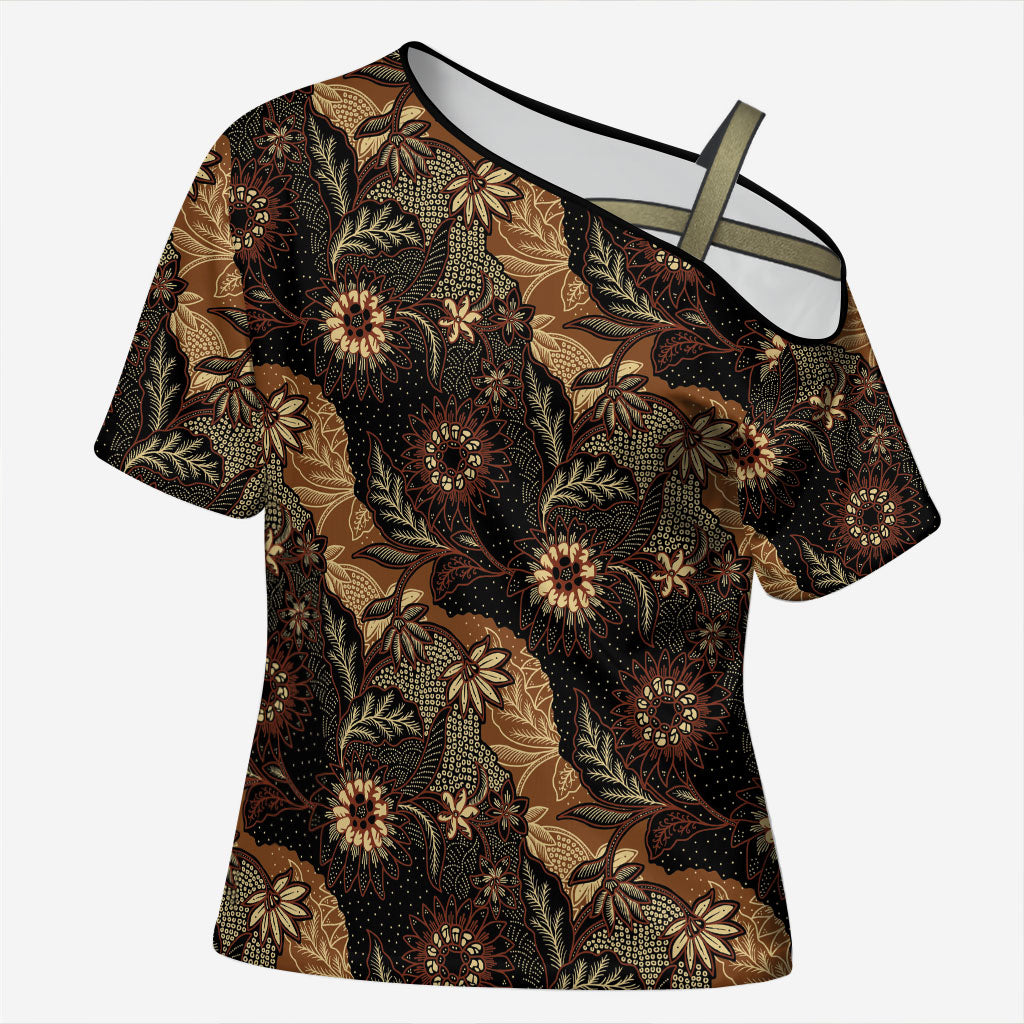 Batik Pedalaman Semen Lereng Style Cross Shoulder Shirt Indonesian Traditional Pattern LT01 Female Black - Polynesian Pride