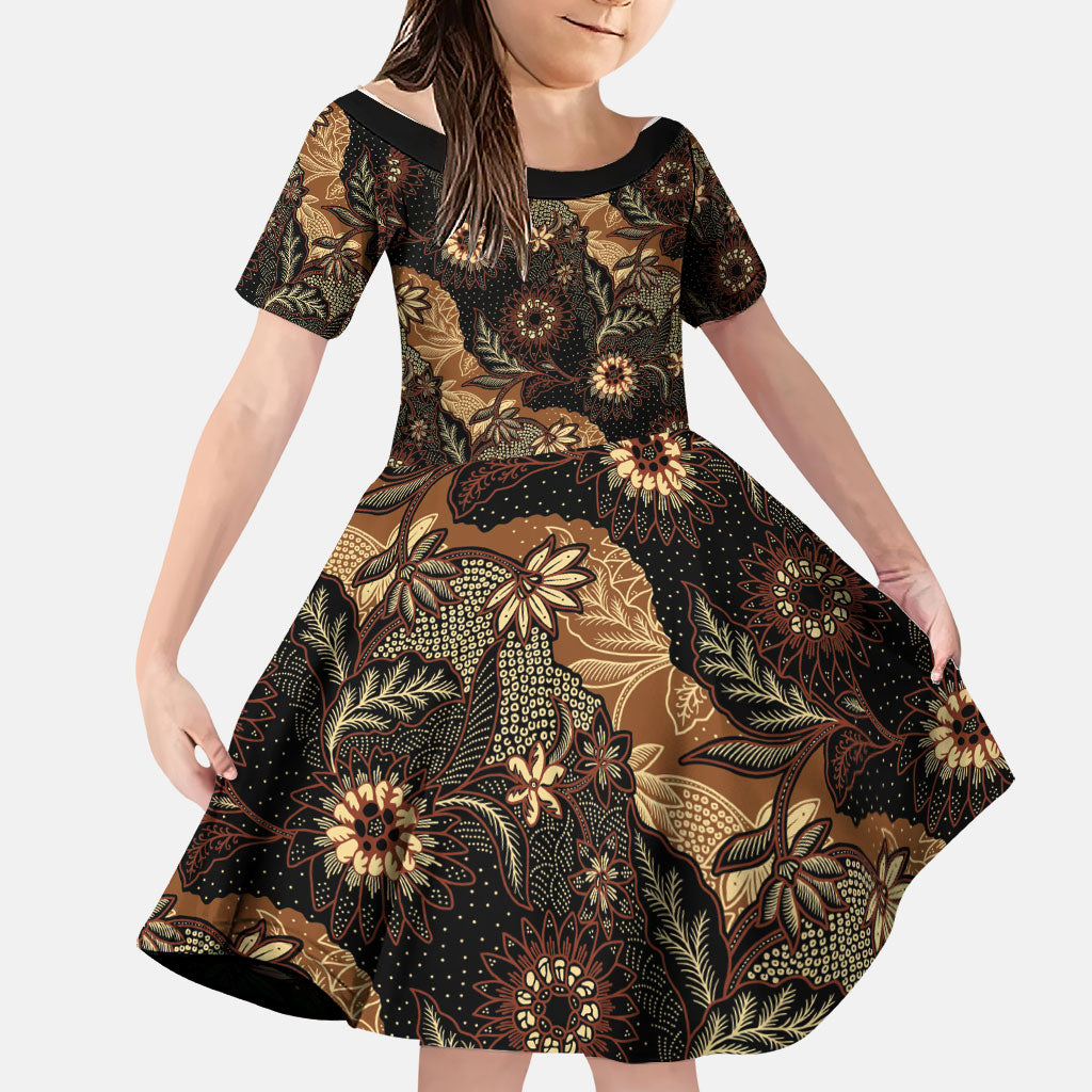 Batik Pedalaman Semen Lereng Style Family Matching Off The Shoulder Long Sleeve Dress and Hawaiian Shirt Indonesian Traditional Pattern LT01 Daughter's Dress Black - Polynesian Pride