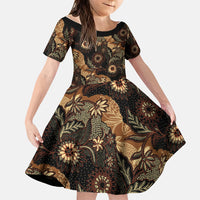 Batik Pedalaman Semen Lereng Style Family Matching Off Shoulder Maxi Dress and Hawaiian Shirt Indonesian Traditional Pattern LT01 Daughter's Dress Black - Polynesian Pride